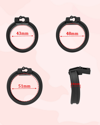 Showing the three base rings included with this chastity cag and a side view of the base rings.