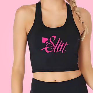 A front view of the crop top, you can see the Slut and Spade logo printed in pink