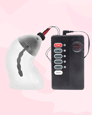 The Smooth Silicone chastity cage is shown here with the electro head attached to the controller, ready to shock.