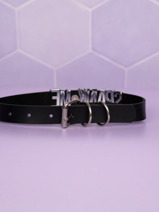 A rear view of the black slimline choker, the buckle fixing can be seen.