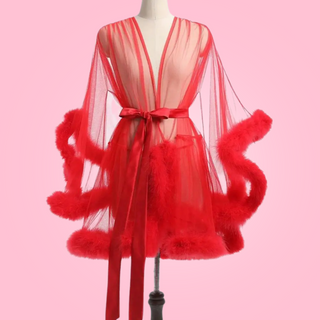 The red robe is shown here, you can see the pretty feather edging.