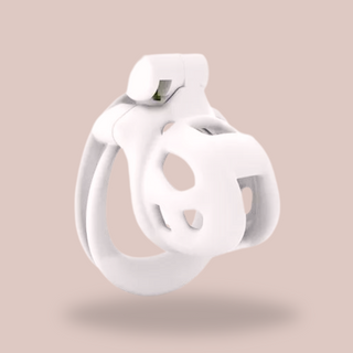 Angled view of the white Super Mini Cobra Double Cuff chastity cage, it is shown here fully assembled.