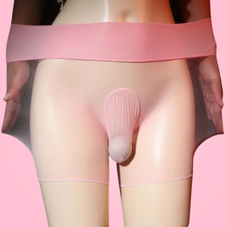 An image of the seamless gloss nylon pink tights from House Of Chastity on a mannequin. You can see the enclosed sheath and the stretch capability