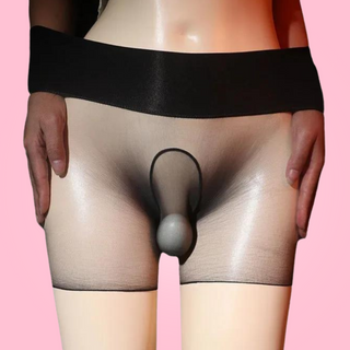 An image of the black seamless gloss nylon tights from House Of Chastity on a mannequin. You can see the enclosed sheath and the stretch capability