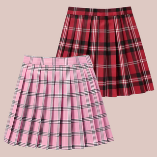 Showing both colours available of our Tartan Pleated Mini Skirt pink and red.