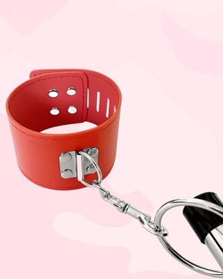 The red cuff with snap hook attached to the spreader bar.