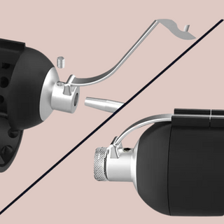A close up view of the catheter system on The Bionic Tusk, on the top image the catheter is shown removed and the grub screw is above its hole. On the second image the catheter is fixed in place, the grub screw is locked in and the arm is down, which then blocks the grub screw.