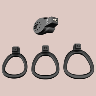 The Blood Dragon Flat chastity  cage, it  is shown with the flat cage and 3 base rings that come with the set.