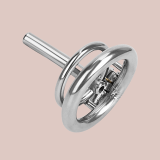 An alternate videw of The Clink chastity cage, providing a close up of the urethral tube, you can see that the user does not need to remove the cage to pass urine.