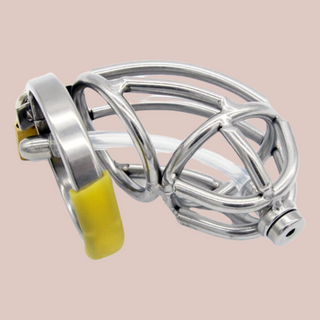 An alternate side view of The Hinged Urethral Bird, you can see the urethral tube running through the cage.