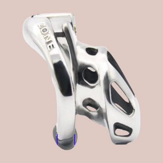 The kidding Zone cock cage shown from a side angle, the chastity cage is fully assembled.