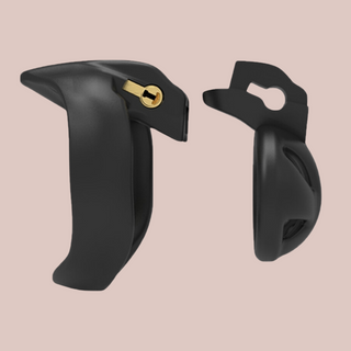 An image of the Mamba Nub cock cage, it show the cage itself separated from the base ring, but the integral lock is shown in place.