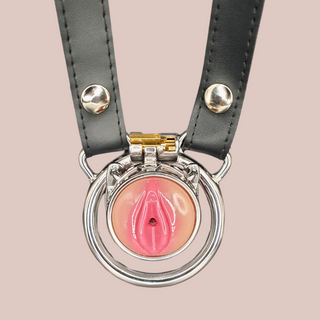 A front view of the The Pussy ring chastity cage it is shown here fullly assembled with the base ring, barbed ring and belt attached.