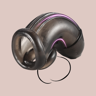 A rear view of the silicone stretch chastity cage, you can see the angled design in this image.