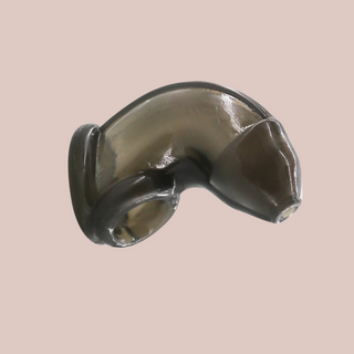 The black slide on chastity cage, shown at an angle.