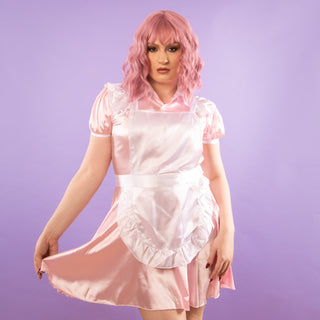 The Belinda Maid Dress in pink, this dress comes with the pink dress, contrasting white apron and head dress.