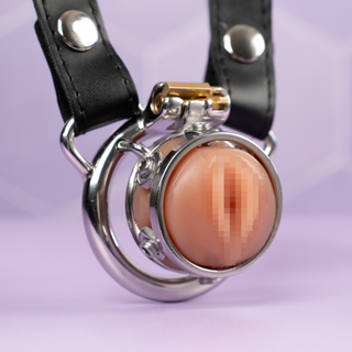 front view of the belted pussy ring chastity cage