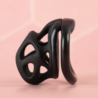 A side profile of the chastity cage