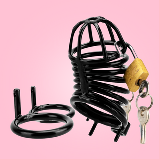 Showing two base rings, these can be affixed to the base of the ribbed cage and the padlock can then be placed in the external lock.