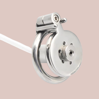 An image of The Flat Gatling Urethral Allen Key, you can see it fully assembled, the urethral tube can be seen at the back and at the top is the allen key bolt.