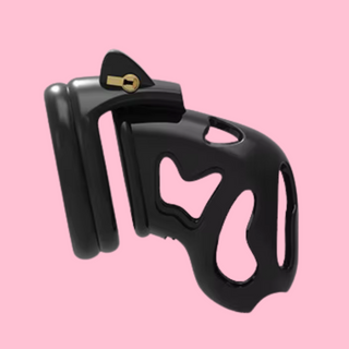 The Ghost C is shown here from a side profile, the chastity cage is fully assembled with the integral lock in place. You can see the double layered base ring . You can see the drop curve to the chastity cage.