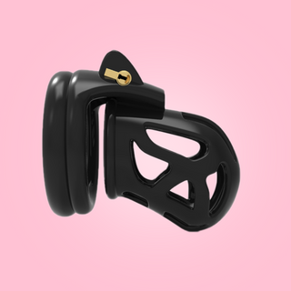 The Ghost S is shown here from a side profile, the chastity cage is fully assembled with the integral lock in place. You can see the double layered base ring .