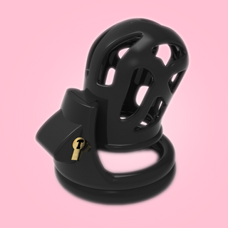 The Ghost S Chastity cage shown here, you can see the straight cage with the rounded end front a standing view, it is fitted to the base ring and the integral lock is in place