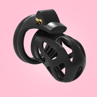 An angled view of The Ghost S, you can see the rounded shape of the cage, the chastity cage has a cut out design to allow for air flow.