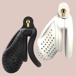 The Hornet Chastity Cage shown here in both colours available, black and white. Both options of base ring pictures, curved and flat, and both cages are fully assembled.
