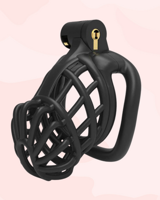 The Jurassic chastity cage in black, it is shown here fully assembled with a curved base ring fitted.