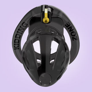 A front view of the Kidding Zone Chastity Device, shown is a length view of the cage, attached base ring and integral lock in place.