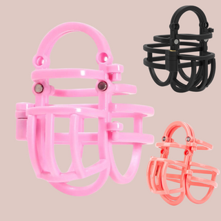 A close up of the pink Prison Cell chastity device, it is shown in its assembled state.. The colour circles on the left show that this cage is available in black, peach or pink.