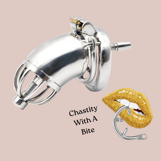 A side profile of the metal Shaft Bird, you can see the chastity cage body attached to the base ring and held in place with the integral lock. From this angle you can also see the urethral tube that runs through the centre of the cage and how it is attached to the head of the chastity device.
