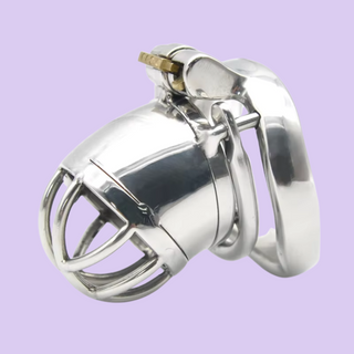 The Shaft is a  small metal chastity cage with a solid shaft like centre and open bar work design to the end. The cage is shown connected to its base ring, which allows the integral lock to be fitted.