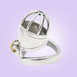 An alternate view of the Shaft Small, a  metal chastity cage with a solid shaft like centre and open bar work design to the end. The cage is shown connected to its base ring, which allows the integral lock to be fitted.