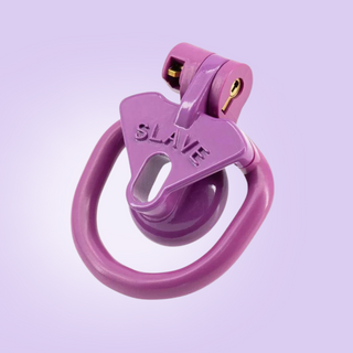 An angled view of The Slave Chastity Cage Kit, you can see the unique shape to the Slave chastity cage and the integral lock fixed in place.