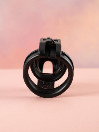 A view of the back of the slaver chastity cage.