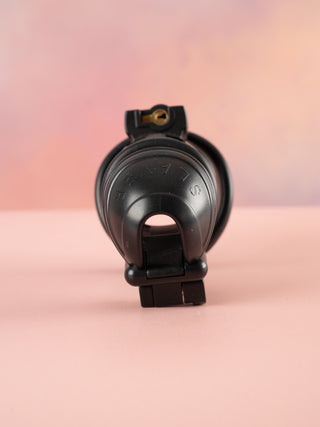 A view of the front of the slaver chastity cage. Here you can see the spellout writing on the front of the cage.