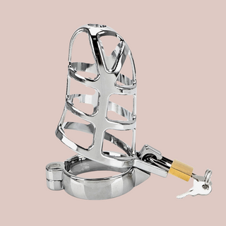 Made from zinc alloy this chastity cage has a very bright silver look to it, the design to the cage is very web like, hence the name and it is shown here with the base ring and padlock in place.