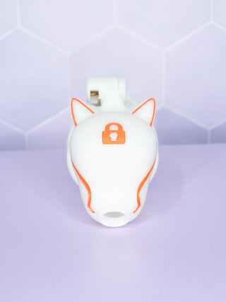 A front on view of the The Wolf Guard Chastity Cage, the circular air hole can be seen to the base of the cage.