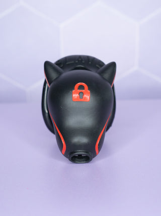 A full frontal view of the wolf head cage, the red padlock can be clearly seen on the forehead and the circular hole to the base of the snout is clear to see.