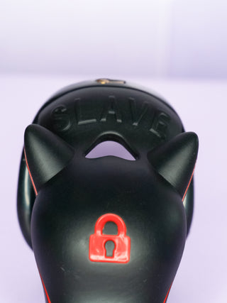 A close up of the SLAVE engraving and red padlock.