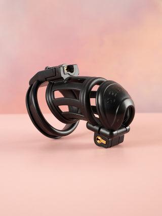 The Slaver Standard shown fully assembled from an angled view, you can see the double lock placement. This chastity cage comes with a selection of base rings.