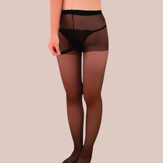 Black men's tights being modelled and showing the closed end penis sheath.