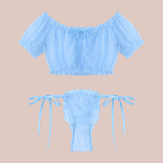 The blue elasticated crop top and panties, it has a pretty spotted pattern and side tie panties.