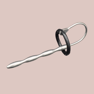 The long length solid stainless steel urethral sound,shown here with the silicone ring fixed in place,
