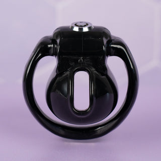 A front on view of the HT V5 Nub black you can see the opening at the front of the cage designed for air flow and urination