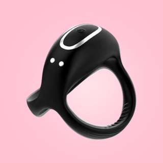 The Vibrating Cock Ring is shown standing alone, you can see the On/Off and control button on the top.