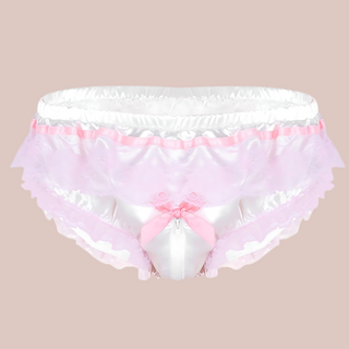 A close up of the white satin panties from House Of Chastity. You can see the pretty pink ribbon design, pink lace edging with a pink bow detail attached to the zipper that runs from front to back.
