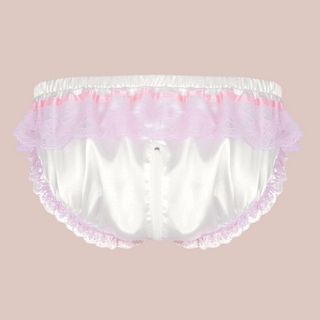 The rear view of the white satin panties from House Of Chastity. You can see how the pretty pink ribbon and lace runs throughout the panties and how far up the back the zip runs.